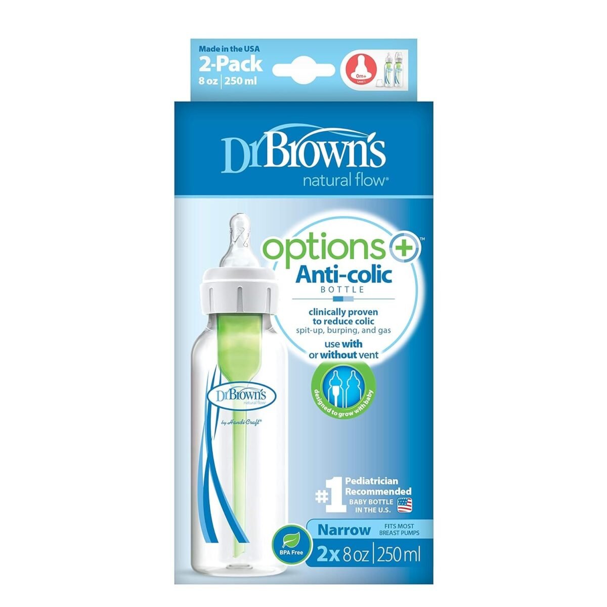 Dr. Brown's Narrow Neck Options Baby Bottle (250 Ml, Pack of 2, White)