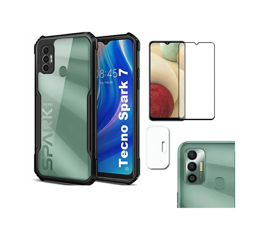 Combo pack for Back Cover Case for Tecno Spark 7 | 7T -Eagle| Camera Lens Protector & Tempered Screen Glass.