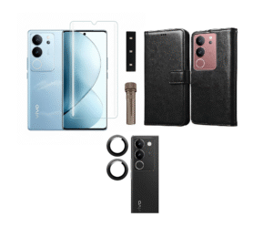 Vivo V29 Pro 5G Combo Set | Leather Flip Back Cover with Magnetic Wallet ) + Tempered Glass + Camera Lens Glass (Black)