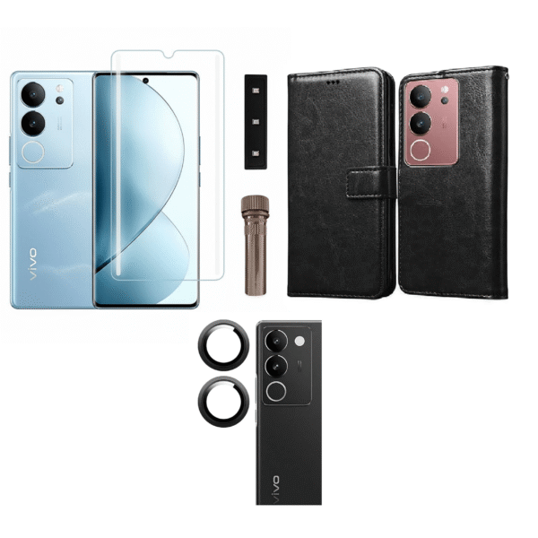 Vivo V29 Pro 5G Combo Set | Leather Flip Back Cover with Magnetic Wallet ) + Tempered Glass + Camera Lens Glass (Black)