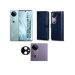 Vivo V40 Pro / V40 5G Flip Wallet Case (Blue) + Screen Tempered Glass + Camera Lens Protector | Magnetic Closure & Shockproof Combo