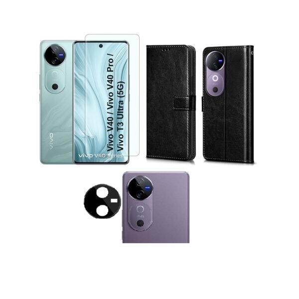 Combo pack Protection Combo for Vivo V40 Pro 5G / V40 5G: Flip Cover with Wallet Pockets + Tempered Glass + Camera Lens Protector (Black)