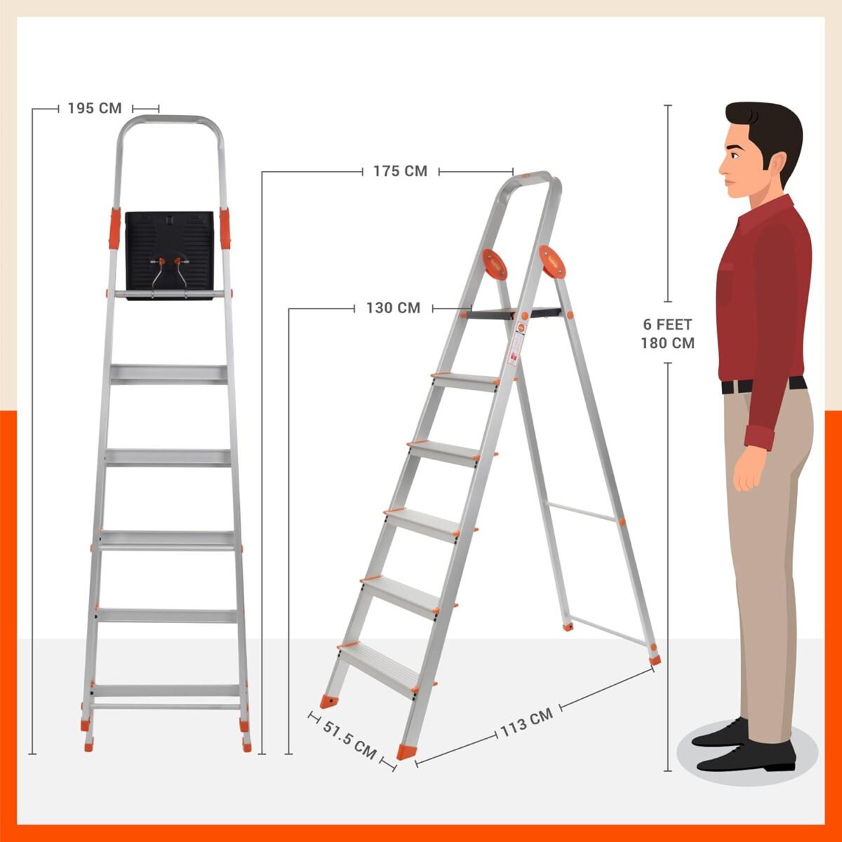 Bathla Advance Carbon - 6 Step Foldable Aluminium Ladder with Scratch Resistant Smart Platform and Sure-Hinge Technology (Orange)