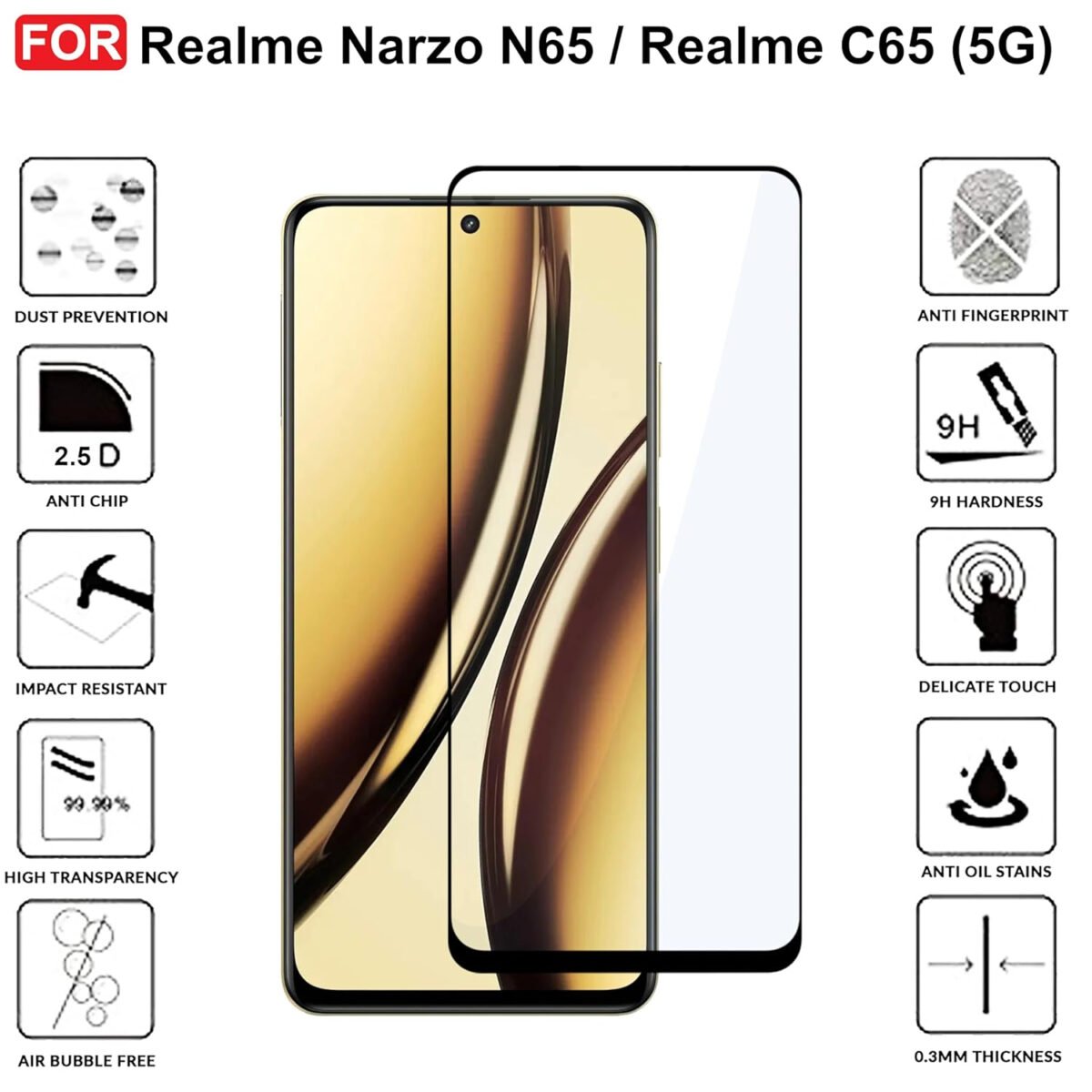 Realme Narzo N65 / Realme C65 (5G) Tempered Glass | Screen Protector Full HD Quality Tempered Glass (Black)