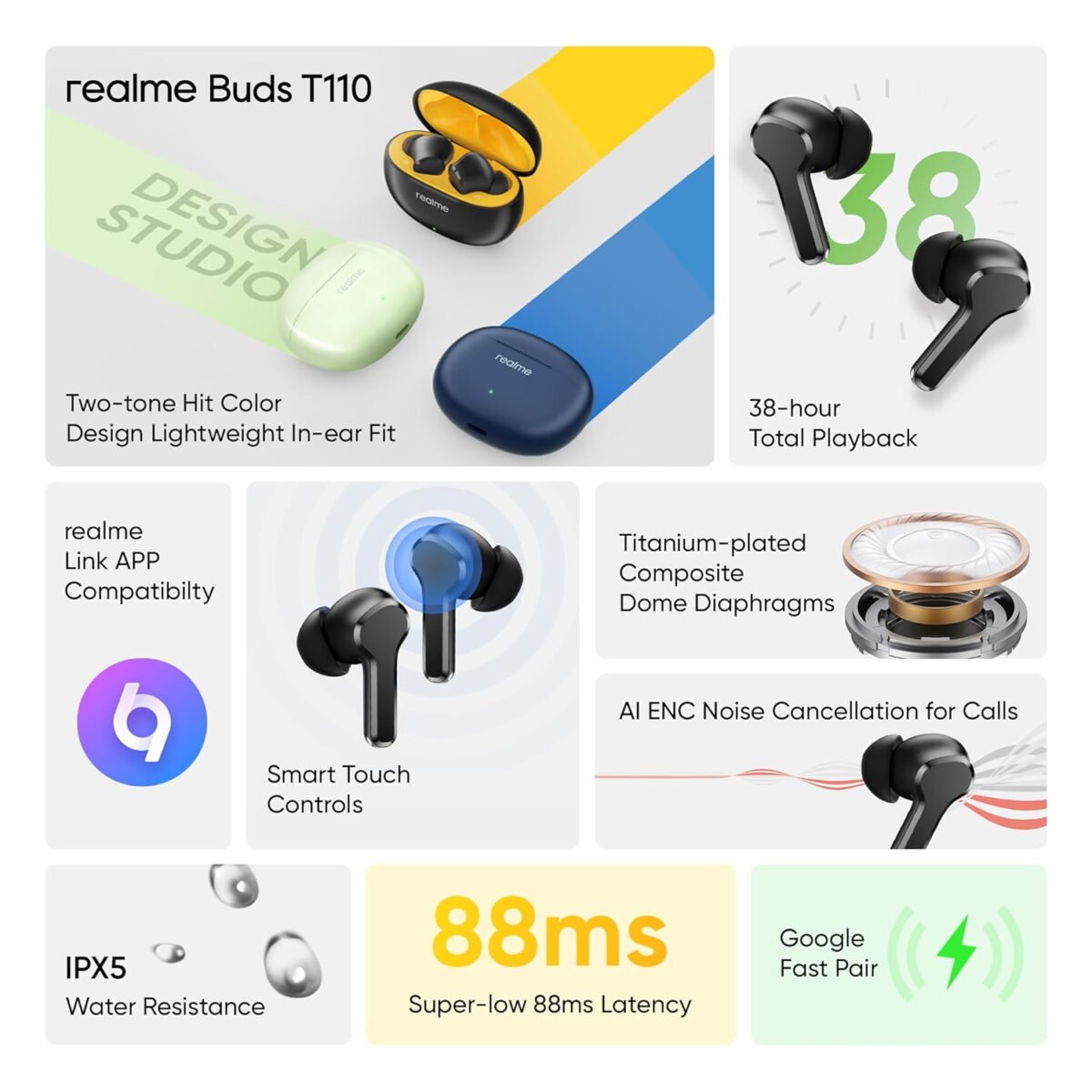 realme Buds T110 with Ai Enc for Calls, Upto 38 Hours of Playback and Fast Charging Bluetooth in Ear Headset (Punk Black, True