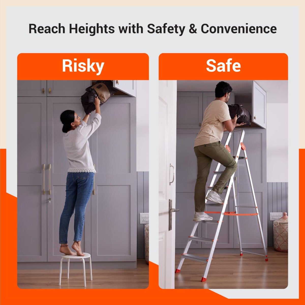 Bathla Advance Carbon - 6 Step Foldable Aluminium Ladder with Scratch Resistant Smart Platform and Sure-Hinge Technology (Orange)