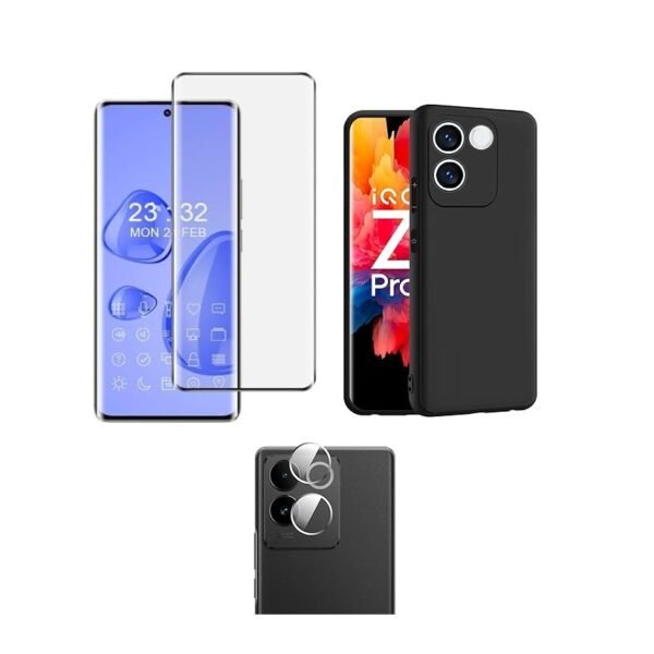 3 in 1 Combo Pack for iQOO Z7 Pro (5G) / Vivo T2 Pro (5G) – Silicone Black (Back Cover + Camera Lens Protector + Tempered Glass)