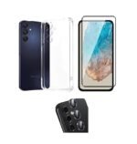 3 in 1 Combo Pack for Samsung Galaxy A15 5G – Silicone Transparent Cover (Back Cover + Camera Lens Protector + Tempered Glass)
