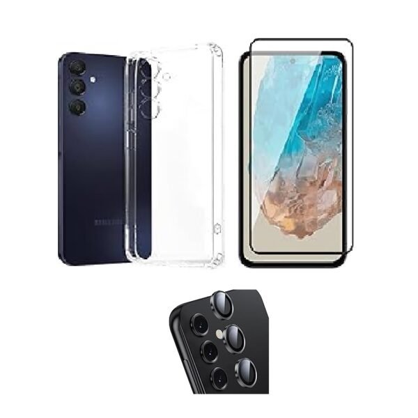 3 in 1 Combo Pack for Samsung Galaxy A15 5G – Silicone Transparent Cover (Back Cover + Camera Lens Protector + Tempered Glass)