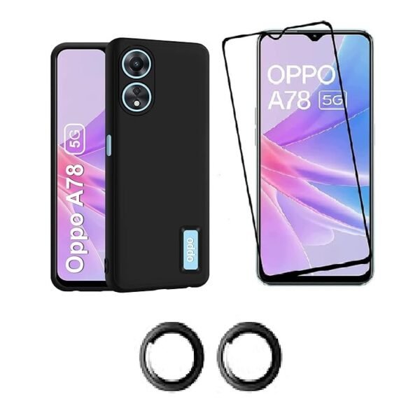 3 in 1 Combo Pack for Oppo A78 5G – Silicone Black (Back Cover + Camera Lens Protector + Tempered Glass)