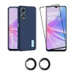 3 in 1 Combo Pack for Oppo A78 5G – Silicone Blue (Back Cover + Camera Lens Protector + Tempered Glass)