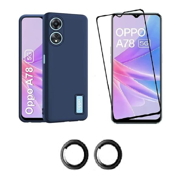 3 in 1 Combo Pack for Oppo A78 5G – Silicone Blue (Back Cover + Camera Lens Protector + Tempered Glass)