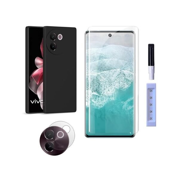 3 in 1 Combo Pack for Vivo V30e 5G – Silicone Black Cover (Back Cover + Camera Lens Protector + Tempered Glass)