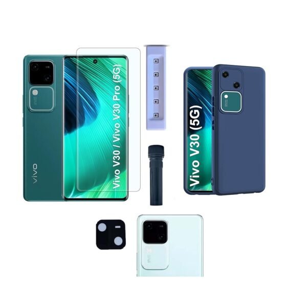 3 in 1 Combo Pack for Vivo V30 5G – Silicone Blue Cover (Back Cover + Camera Lens Protector + Tempered Glass)