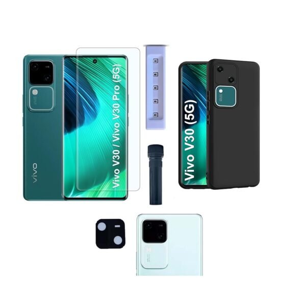 3 in 1 Combo Pack for Vivo V30 5G – Silicone Black Cover (Back Cover + Camera Lens Protector + Tempered Glass)