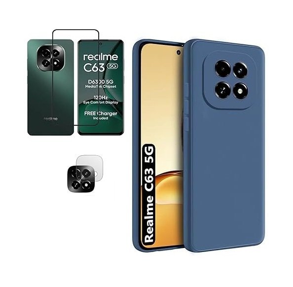 3 in 1 Combo Pack for Realme C63 5G – Silicone Blue (Back Cover + Camera Lens Protector + Tempered Glass)