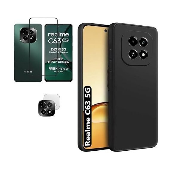 3 in 1 Combo Pack for Realme C63 5G – Black (Back Cover + Camera Lens Protector + Tempered Glass)