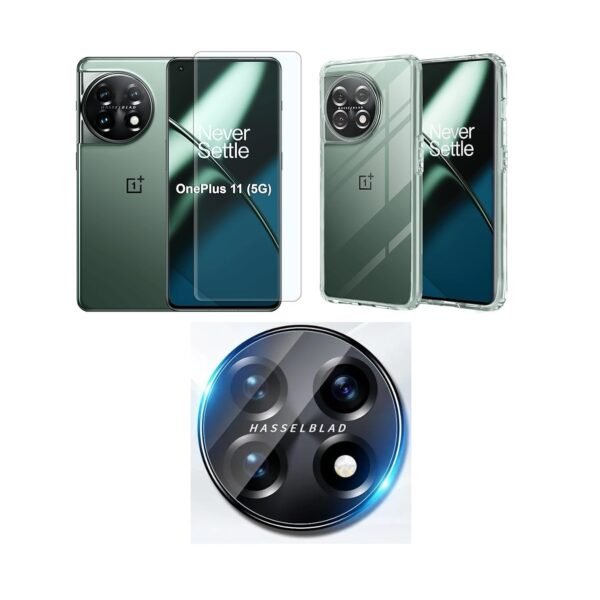 Combo pack for OnePlus 11 5G back case cover |-Transparent case cover Camera Lens Protector & Tempered Screen Glass.