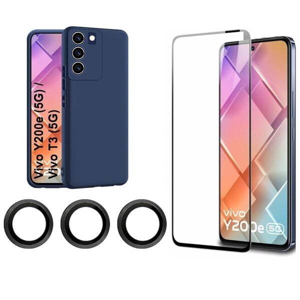 Combo Vivo Y200e 5G / Vivo T3 5G Ultra Slim Matte Rubberized Back Cover (Blue) | Tempered Glass + Camera Lens Protector