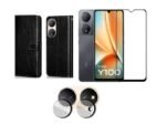 Vivo Y100 5G Flip Cover (Black) – Leather Finish | Tempered Glass + Camera Lens Protector Combo Pack