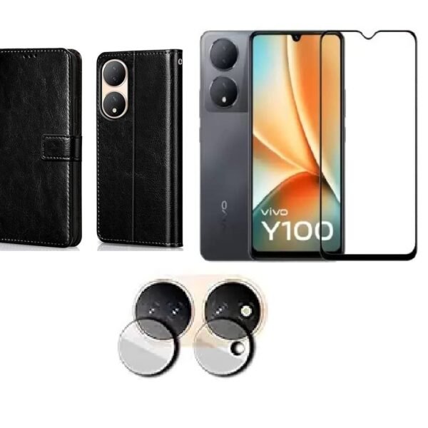 Vivo Y100 5G Flip Cover (Black) – Leather Finish | Tempered Glass + Camera Lens Protector Combo Pack