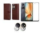 Vivo Y100 5G Flip Cover Leather Finish (Brown) | Card Pockets | Wallet Stand | Shock Proof | Tempered Glass + Camera Lens Protector (Combo Pack)