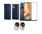 Vivo Y100 5G Flip Cover (Blue) – Leather Finish | Tempered Glass + Camera Lens Protector Combo Pack