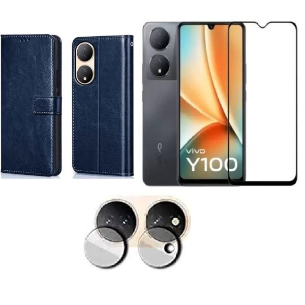 Vivo Y100 5G Flip Cover (Blue) – Leather Finish | Tempered Glass + Camera Lens Protector Combo Pack
