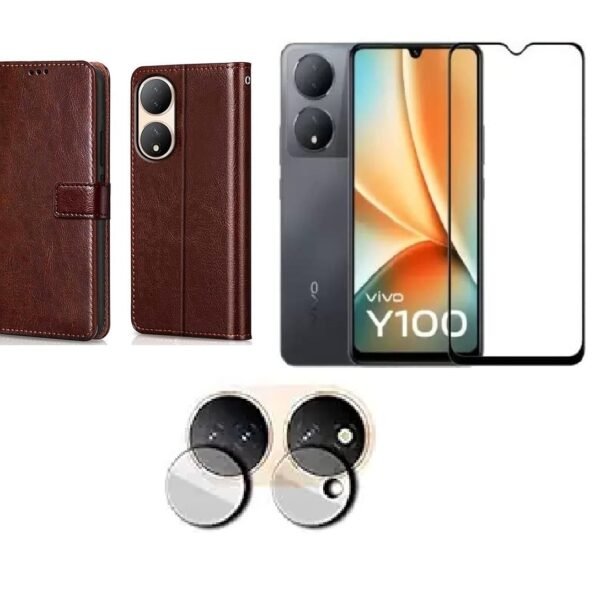Vivo Y100 5G Flip Cover Leather Finish (Brown) | Card Pockets | Wallet Stand | Shock Proof | Tempered Glass + Camera Lens Protector (Combo Pack)