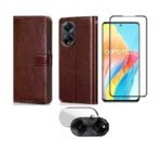 3 in 1 Combo Pack for Oppo F23 5G – Flip Brown (Back Cover + Camera Lens Protector + Tempered Glass)