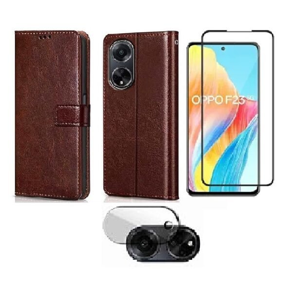 3 in 1 Combo Pack for Oppo F23 5G – Flip Brown (Back Cover + Camera Lens Protector + Tempered Glass)