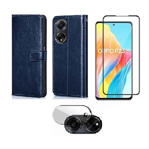 3 in 1 Combo Pack for Oppo F23 5G – Flip Blue (Back Cover + Camera Lens Protector + Tempered Glass)