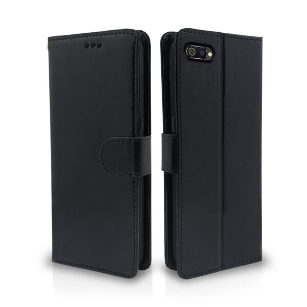 Realme C2 Flip Case Leather Finish | Inside TPU with Card Pockets | Wallet Stand and Shock Proof | Magnetic Closing | Complete Protection Flip Cover for Realme C2 (Black)