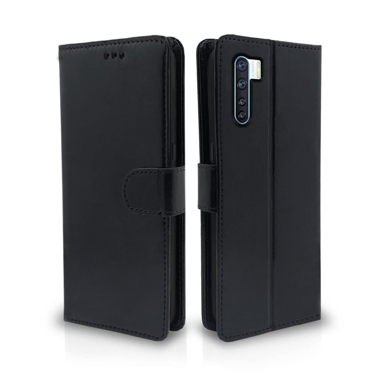 Flip Cover Leather Finish | Inside TPU with Card Pockets | Wallet Stand and Shock Proof | Complete Protection Flip Case for Oppo F15(Black)