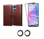 3 in 1 Combo Pack for Oppo A78 5G – Flip Brown (Back Cover + Camera Lens Protector + Tempered Glass)