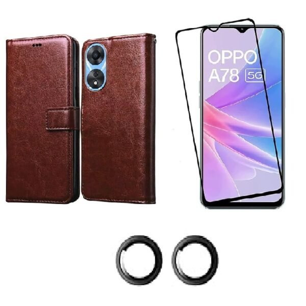 3 in 1 Combo Pack for Oppo A78 5G – Flip Brown (Back Cover + Camera Lens Protector + Tempered Glass)