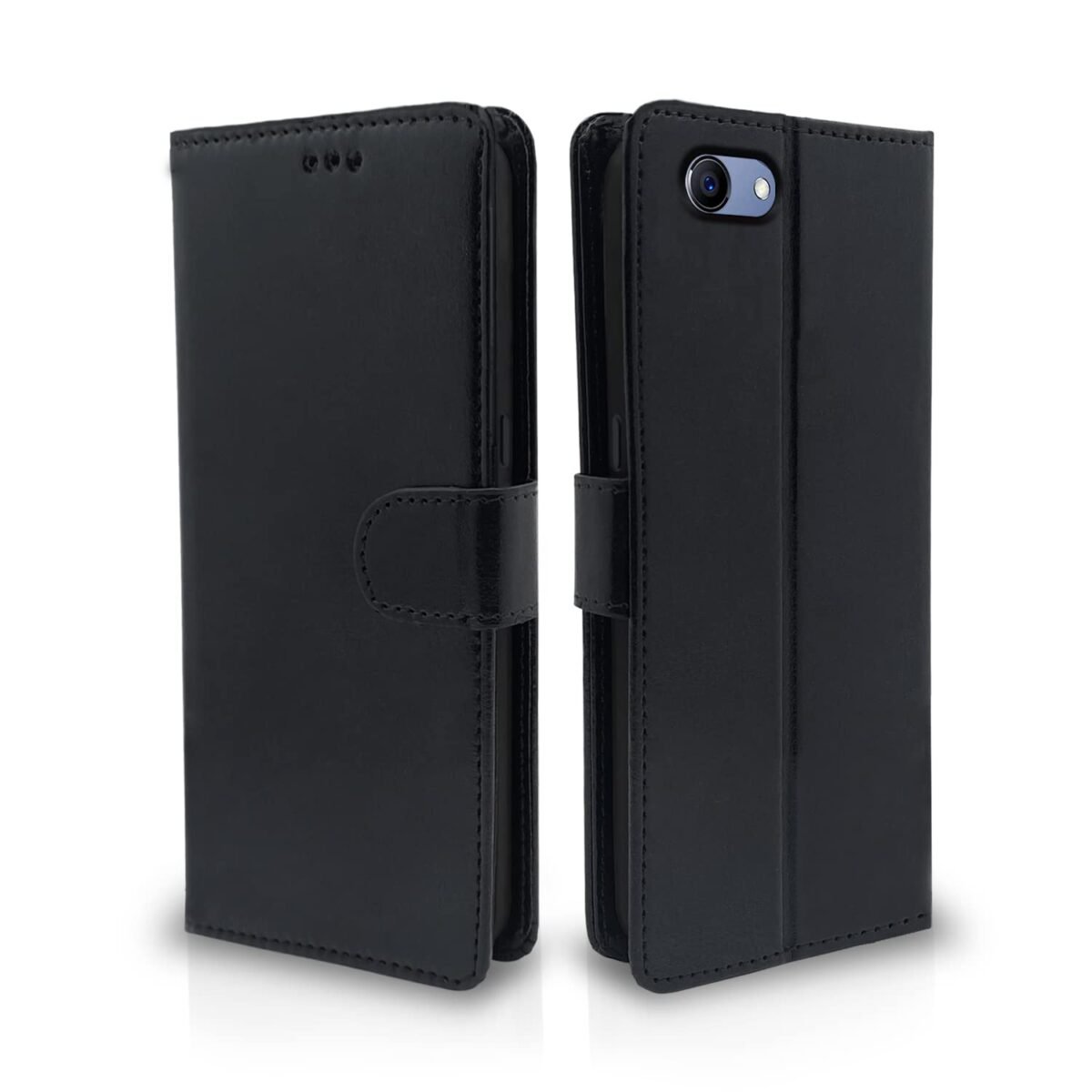 Realme 1 Flip Case Leather Finish | Inside TPU with Card Pockets | Wallet Stand and Shock Proof | Magnetic Closing | Complete Protection Flip Cover for Realme 1 (Black)