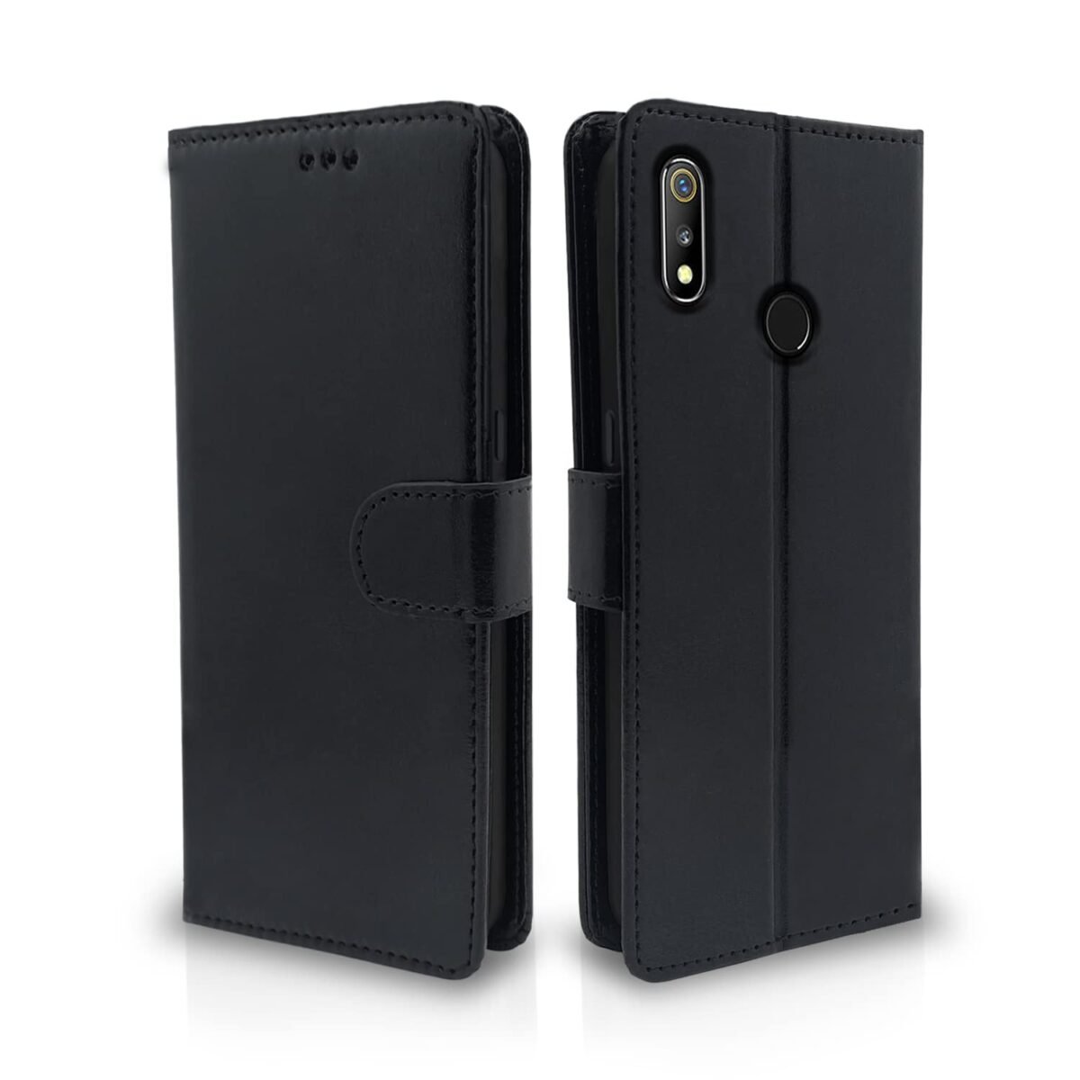 Realme 3 / 3i Flip Case Leather Finish | Inside TPU with Card Pockets | Wallet Stand and Shock Proof | Magnetic Closing | Complete Protection Flip Cover for Realme 3 / 3i (Black)