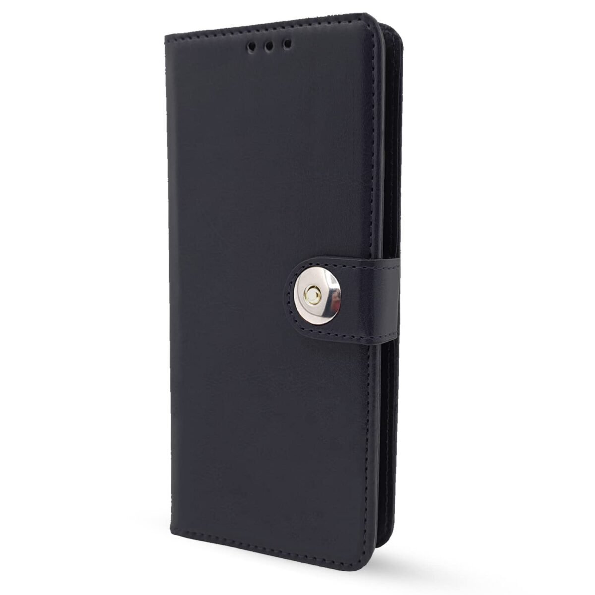 Redmi Note 12 Pro 5G Flip Cover Leather Finish | Inside TPU with Card Pockets | Wallet Stand and Shock Proof | Complete Protection Flip Case (Button Black)