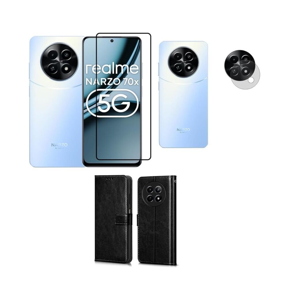3 in 1 Combo Pack for Realme Narzo 70x 5G | Realme 13 5G | Realme 12 5G | 12X 5G | C65 5G | N65 – Flip Black (Back Cover + Camera Lens Protector + Tempered Glass)