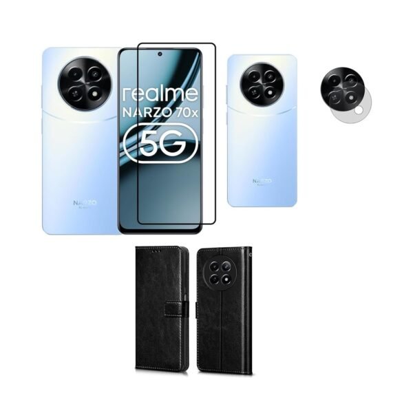 3 in 1 Combo Pack for Realme Narzo 70x 5G | Realme 13 5G | Realme 12 5G | 12X 5G | C65 5G | N65 – Flip Black (Back Cover + Camera Lens Protector + Tempered Glass)