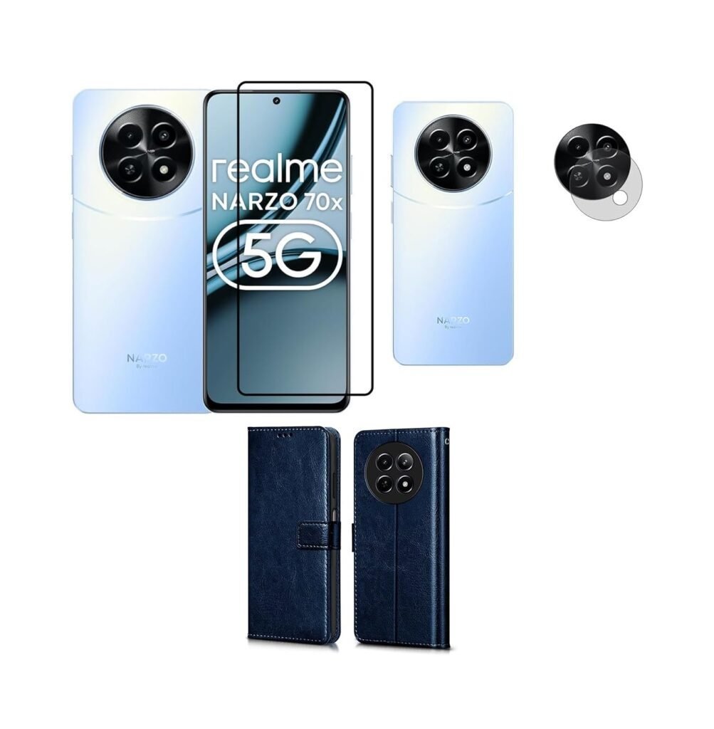 3 in 1 Combo Pack for Realme Narzo 70 Pro 5G | Realme 13 5G | Realme 12 5G | 12X 5G | C65 5G | N65 – Flip Blue (Back Cover + Camera Lens Protector + Tempered Glass)