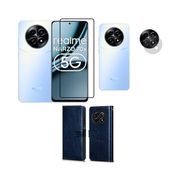 3 in 1 Combo Pack for Realme Narzo 70 Pro 5G | Realme 13 5G | Realme 12 5G | 12X 5G | C65 5G | N65 – Flip Blue (Back Cover + Camera Lens Protector + Tempered Glass)