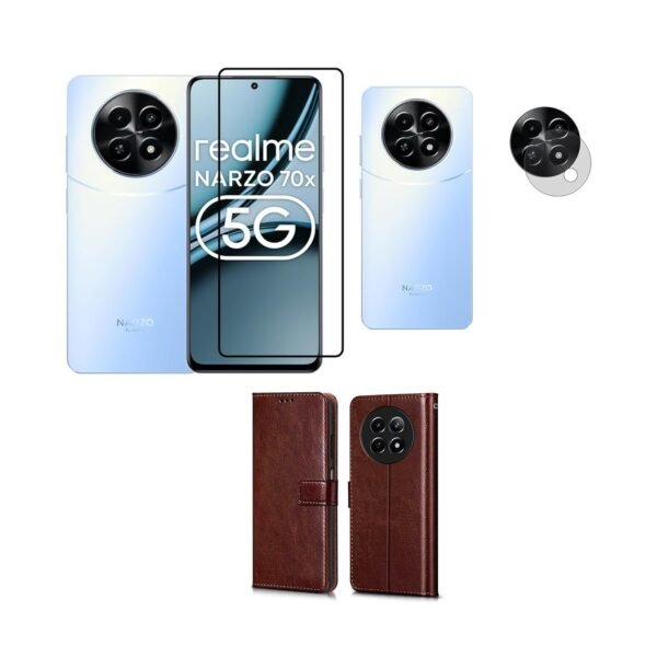 3 in 1 Combo Pack for Realme Narzo 70x 5G | Realme 13 5G | Realme 12 5G | 12X 5G | C65 5G | N65 – Flip Brown (Back Cover + Camera Lens Protector + Tempered Glass)
