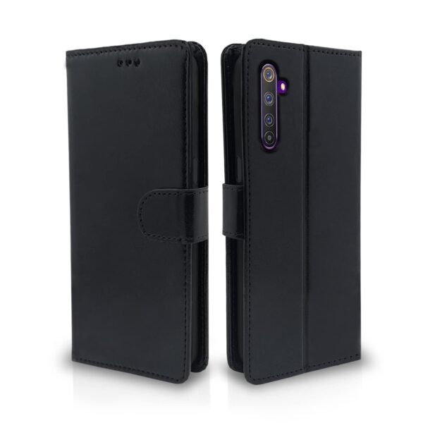 Realme 6 Pro Flip Case Leather Finish | Inside TPU with Card Pockets | Wallet Stand and Shock Proof | Magnetic Closing | Complete Protection Flip Cover for Realme 6 Pro (Black)