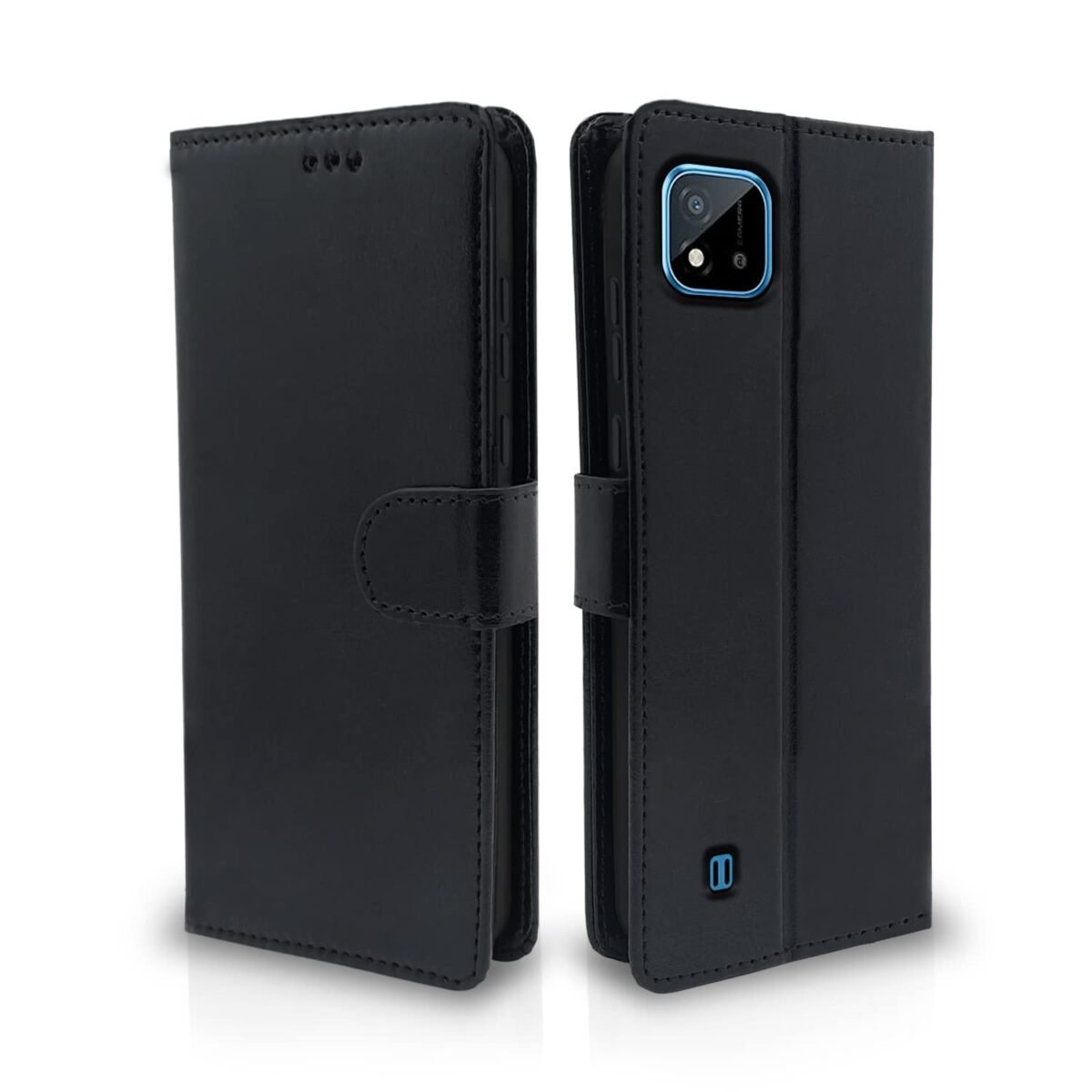 Realme C20 Flip Case Leather Finish | Inside TPU with Card Pockets | Wallet Stand and Shock Proof | Magnetic Closing | Complete Protection Flip Cover for Realme C20 (Black)