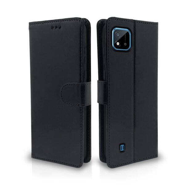 Realme C20 Flip Case Leather Finish | Inside TPU with Card Pockets | Wallet Stand and Shock Proof | Magnetic Closing | Complete Protection Flip Cover for Realme C20 (Black)