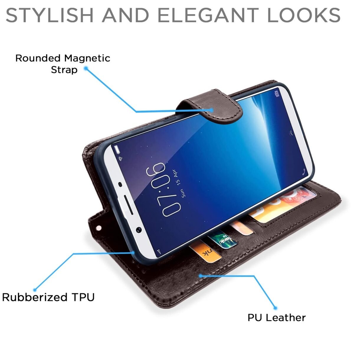Vivo Y71 Flip Case Leather Finish | Inside TPU with Card Pockets | Wallet Stand and Shock Proof | Magnetic Closing | Complete Protection Flip Cover for Vivo Y71 (Coffee)