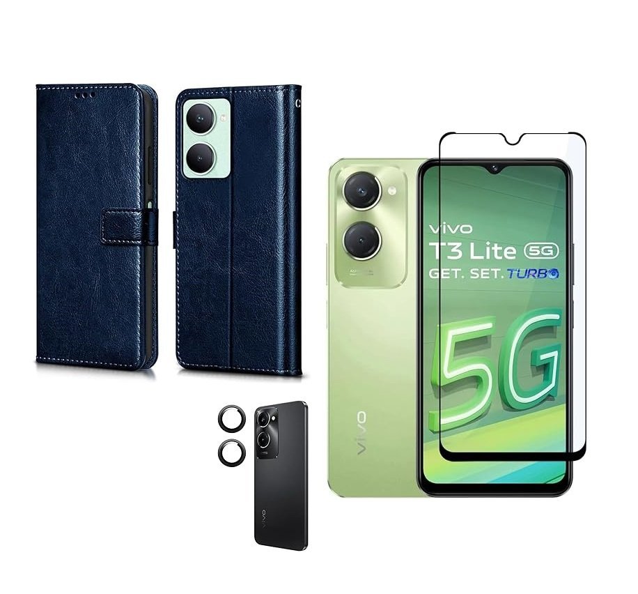 3 in 1 Combo Pack for Vivo T3 Lite 5G – Flip Blue (Back Cover + Camera Lens Protector + Tempered Glass)