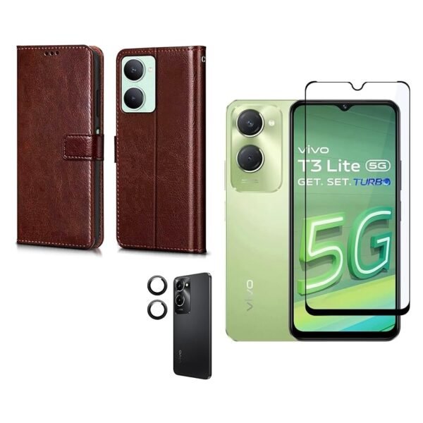 3 in 1 Combo Pack for Vivo T3 Lite 5G – Flip Brown (Back Cover + Camera Lens Protector + Tempered Glass)